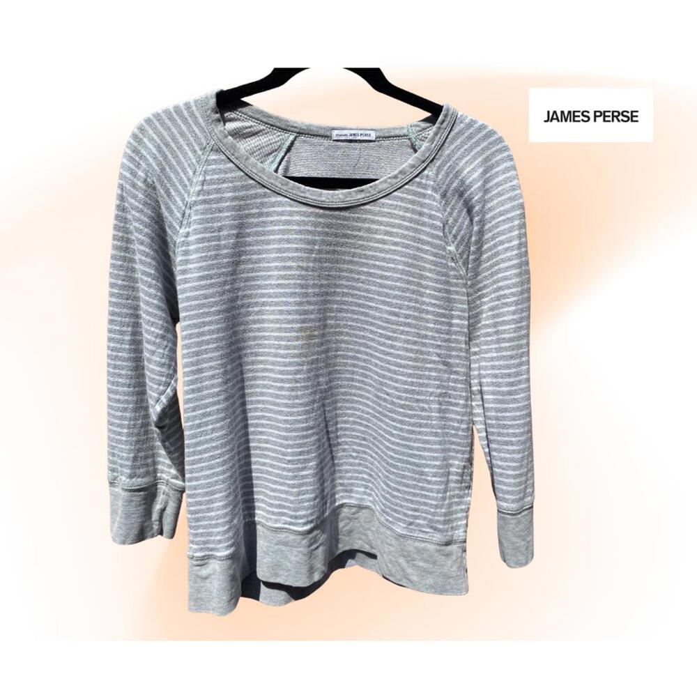 James Perse Standard Grey white Striped Sweatshirt with 3/4 Sleeve- super soft
